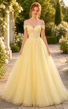 Ballkleid in Narzissengelb, aus Spitze und Tüll, schulterfrei, kurze Ärmel, bodenlang