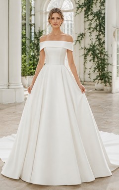Brautkleid aus Satin, Ballkleid, schulterfrei, kurze Ärmel, Kapellenschleppe