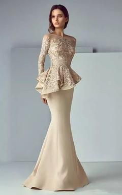 Robes de soirée champagne pour mariages | Robe péplum à manches pour la mère de la mariée