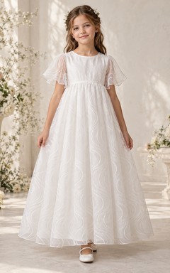 White Jewel Neck Flutter Sleeve Wave Embroidered Organza A-line Flower Girl Dress