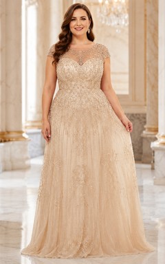 Champagnerfarbenes, extragroßes, elegantes A-Linien-Abendkleid aus Tüll mit Rundhalsausschnitt und kurzen Ärmeln, Perlenbesatz