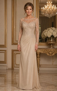 Champagne Illusion Lace Long Sleeve Sheath Mother of the Bride Dress