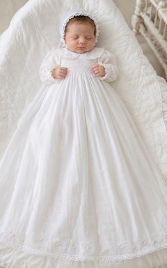 Cotton Batiste Newborn Christening A-Line Long Sleeve Floor-Length Gown Simple Vintage