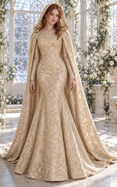 Long Sleeve Gold Brocade Sheath Winter Wedding Hooded Cape Dress