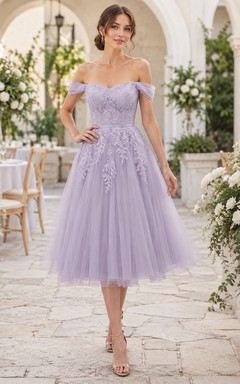 Robe de mariée lavande en tulle et dentelle florale à épaules dénudées, longueur thé
