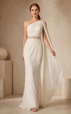 Brautkleid mit einseitiger Schulter, ärmellos, aus Chiffon, bodenlang, mit Cape