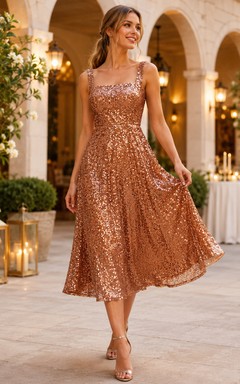 Orange Square Strap Sequin A-Line Tea-Length Formal Wedding Guest Dress