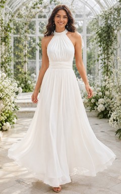 White Elegant Chiffon Bow Halter Backless Garden Evening Gown
