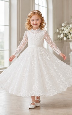 Vestido de niña de las flores, color marfil, encaje, tul, corte en A, manga larga, escote redondo, largo midi.