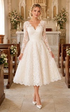 Romantic Tea Length Lace Long Sleeve V Neck Chapel Wedding Dress
