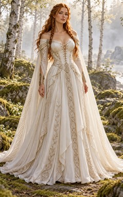 Viking Vintage schulterfreies Korsett-Brautkleid mit Glockenärmeln und A-Linien-Design