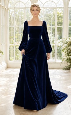 Robe de mariée trapèze en velours bleu marine à col carré et manches bouffantes