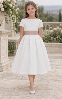 Simple Modest Tea-length White Bateau Short-sleeve Broad-pink-waisted Pleated Zipper-back Flower Girl Dress