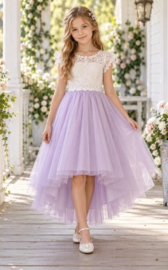 High-low Lavender Lace Flutter Sleeve Layered Flower Girl Dress