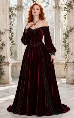 Vintage Burgundy Off-Shoulder Long Bell Sleeve Velvet A-Line Gothic Gown