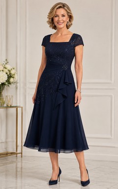 Dark Navy Square Neck Tea Length Mother Dress Dark Navy Square A-Line Tea-length
