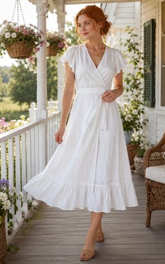 White Cotton V-neck Short Sleeve A-Line Tea-length Vintage Casual Country Garden Ruffled Dress