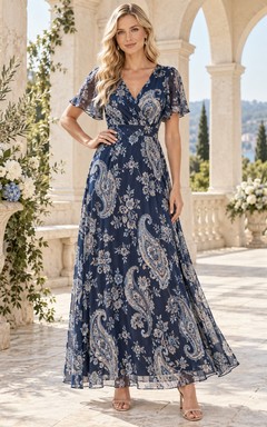 Vestido de invitada de boda azul marino con escote en V, manga corta y corte en A, color azul marino.