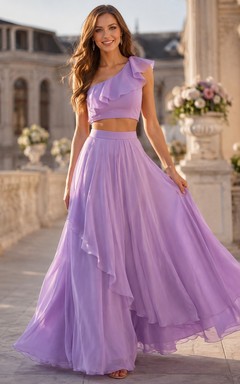 Lavender One Shoulder Two Piece Tiered Tulle Prom Dress Classic