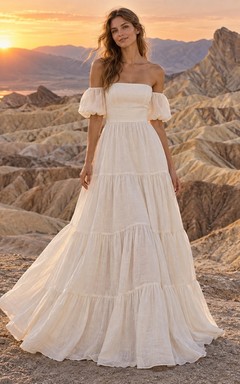 Vestido de novia sencillo de manga corta con escote Bardot y falda escalonada, confeccionado en lino, corte en A y largo hasta el suelo.