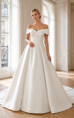 Modernes, schulterfreies, kurzes Ballkleid aus Satin mit Kapellenfalten im klassischen Landhausstil