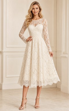 Ivory Bateau Sweetheart Long Lace Sleeve A-Line Tea Dress Garden