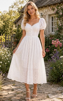 White Cotton Square Neck Puff Sleeve A-Line Tea-length Vintage Casual Country Garden Adorable Dress