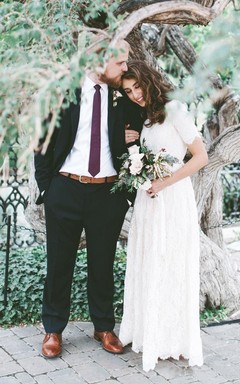 Vestido de novia bohemio de encaje, largo hasta el suelo, con mangas cortas y corte en A, con cremallera en la espalda.