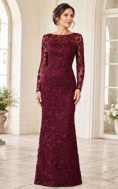 Burgundy lace long sleeve floor length sheath evening dress
