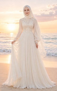 Beach Muslim Long Sleeve Lace Bodice Chiffon Wedding Dress