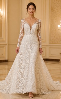 Gran vestido de novia de corte A con cola de catedral, encaje floral y mangas largas