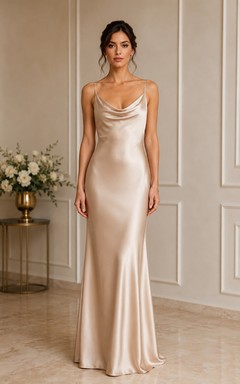 Champagne Satin Cowl Sheath Bridesmaid Dress