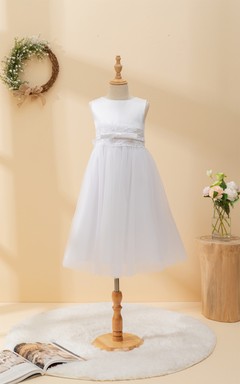 Scoop-neck A-line Empire Communion Flowergirl Dress with Beaded Waist