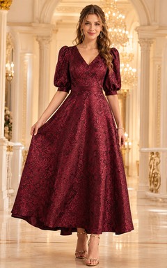 Burgundy V Neck Puff Sleeve Jacquard A Line Guest Dress