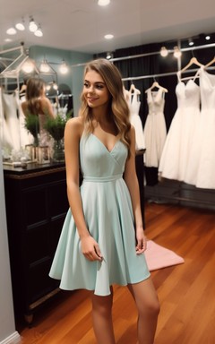 Robe de bal courte bleu ciel à fines bretelles et col en V
