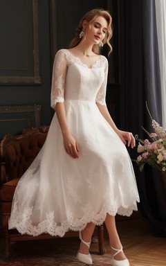 Vestido de novia de largo midi para novias mayores | Vestido de novia midi modesto de encaje vintage color marfil en tallas grandes con mangas