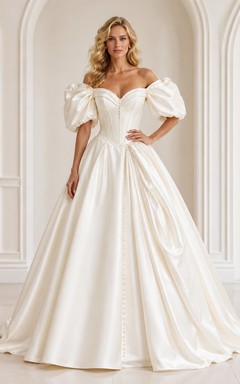 Vestido de novia vintage elegante de satén blanco con mangas cortas, escote Bardot y corte en A.