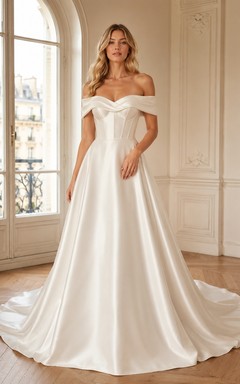 Modernes, elegantes, schulterfreies, ärmelloses A-Linien-Brautkleid aus Satin mit Schleppe