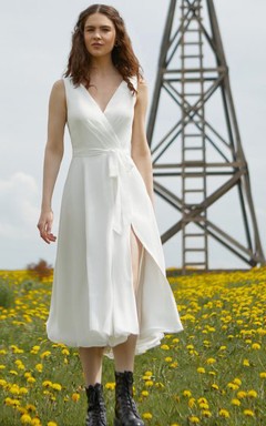 Robe de mariée vintage en mousseline de soie, longueur thé, sans manches, coupe trapèze, dos nu en V, avec ceinture.