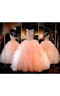 Ballkleid „Jewel Ball Gown“, bodenlang, ärmellos, aus Tüll mit Schnürung und Schlüssellochausschnitt am Rücken.