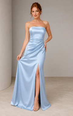 Evening Gown Sky Blue Satin Sheath Strapless with Slit Floor Length