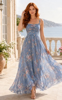 Blue Floral Spaghetti Strap Chiffon Destination Maxi Dress