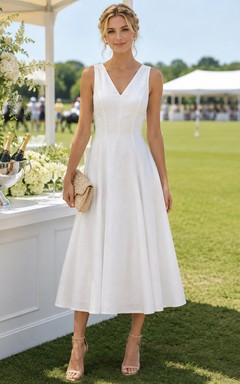Vestido midi blanco de polo con cuello en V, sin mangas y plisado.