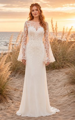 Robe fourreau bohème à manches longues cloche et imprimé floral pampas
