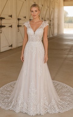 Vestido de novia romántico de manga corta, corte A, escote en V, encaje de vid con borde y cola catedral