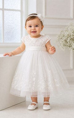Modern Baby Baptism Christening Ceremony Dress A-Line Tea-Length Jewel Neck Cap Sleeve Tulle Lace Button Back