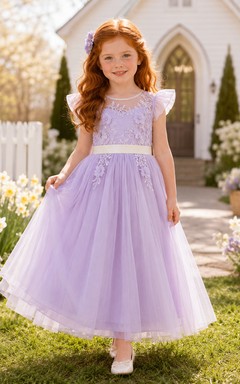 Adorable Elegant Flower Girl Dress Jewel Neck Petal Sleeve Lavender Tulle Floor Length Ribbon