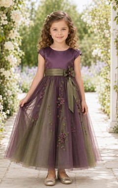 Flower Girl Dress A-Line Plum Olive Tulle Floral Sash Short Sleeve Wedding