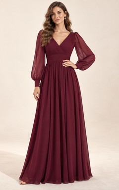 Vestido de dama de honor sencillo de manga larga, color burdeos, escote en V, gasa, cintura fruncida, corte en A y largo hasta el suelo.