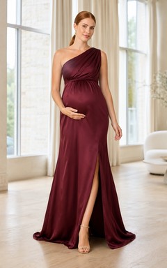 Burgundy Jersey One Shoulder Sleeveless Empire Slit Floor Length Maternity Evening Gown